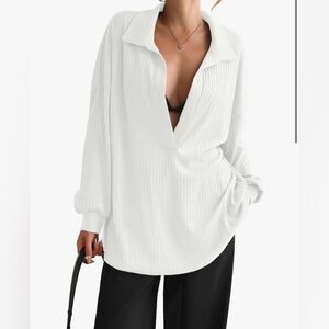 Womens Oversized Deep V Neck Sweatshirts Casual Collared Long Sleeve M